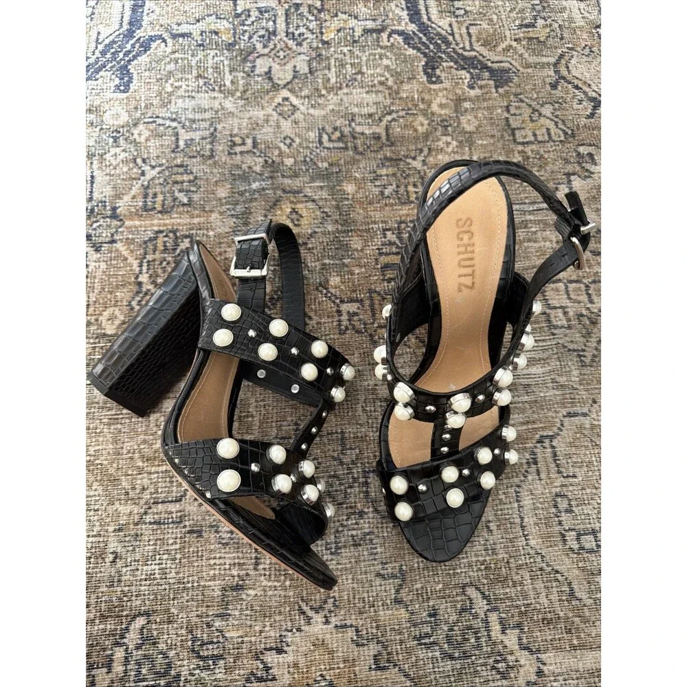 Schutz Zarita Sandals 9.5 Black Croc Embossed Leather Pearl Stud Slingback Heels
